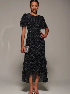 Jolie Moi Black Ruffle Detail Chiffon Midaxi Dress