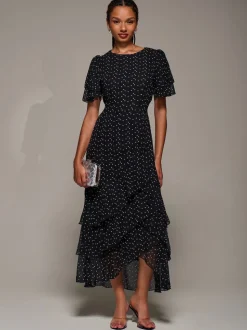 Jolie Moi Black Ruffle Detail Chiffon Midaxi Dress