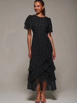 Jolie Moi Black Ruffle Detail Chiffon Midaxi Dress