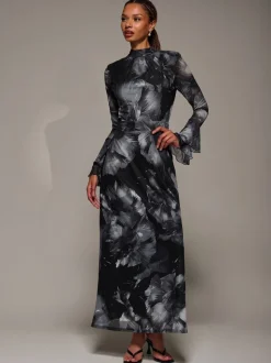 Jolie Moi Black Ruffle Long Sleeve Mesh Maxi Dress