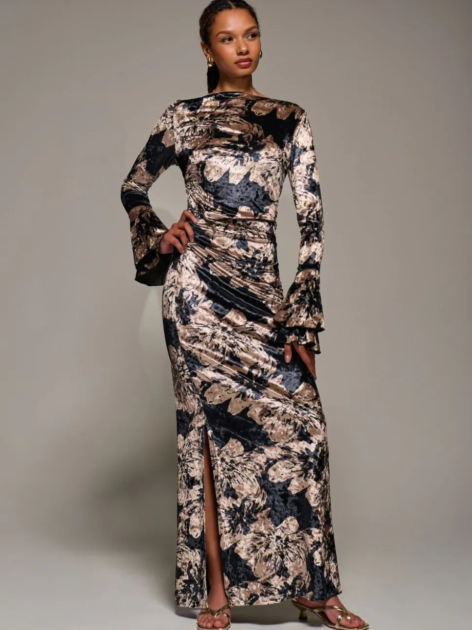 Jolie Moi Black Ruffle Sleeve Asymmetric Neck Velvet Maxi Dress