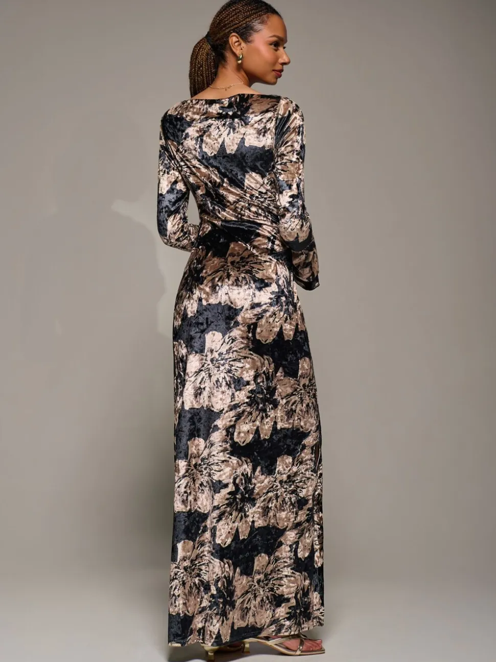 Jolie Moi Black Ruffle Sleeve Asymmetric Neck Velvet Maxi Dress