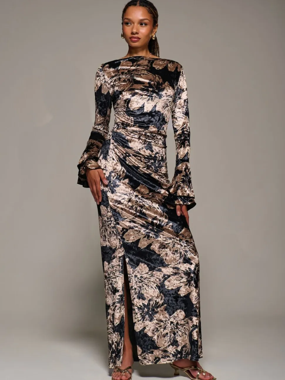 Jolie Moi Black Ruffle Sleeve Asymmetric Neck Velvet Maxi Dress