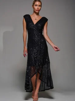 Jolie Moi Black Sequin Asymmetric Ruffle Hem Maxi Dress