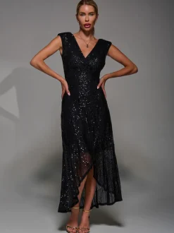 Jolie Moi Black Sequin Asymmetric Ruffle Hem Maxi Dress