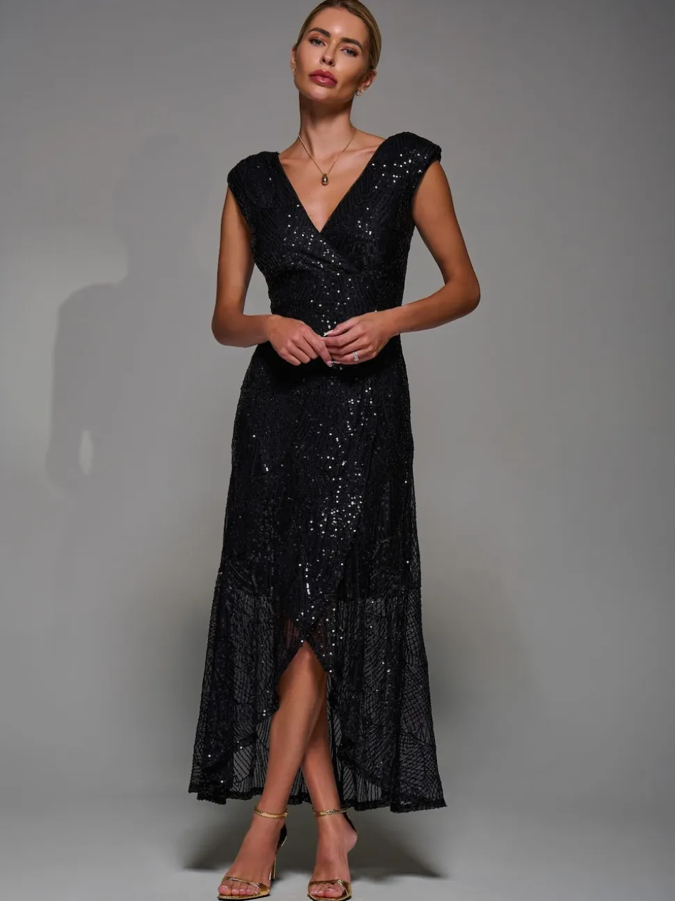 Jolie Moi Black Sequin Asymmetric Ruffle Hem Maxi Dress