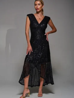 Jolie Moi Black Sequin Asymmetric Ruffle Hem Maxi Dress