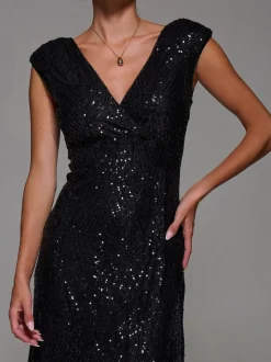 Jolie Moi Black Sequin Asymmetric Ruffle Hem Maxi Dress