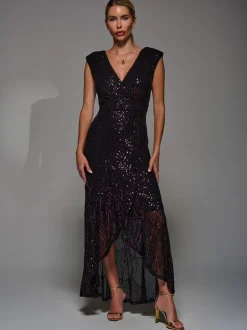 Jolie Moi Black/Red Sequin Asymmetric Ruffle Hem Maxi Dress