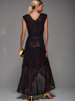 Jolie Moi Black/Red Sequin Asymmetric Ruffle Hem Maxi Dress