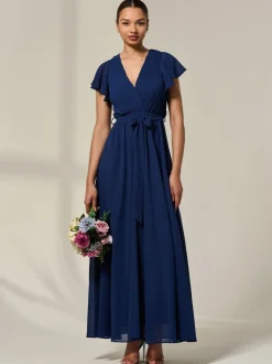 Jolie Moi Blue Chiffon Flutter Sleeve Maxi Dress