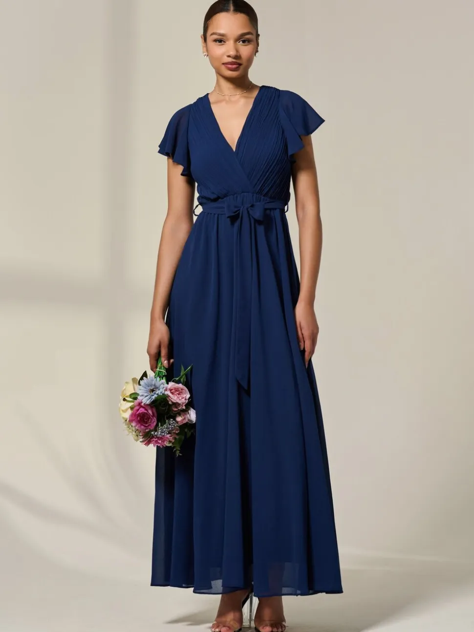 Jolie Moi Blue Chiffon Flutter Sleeve Maxi Dress