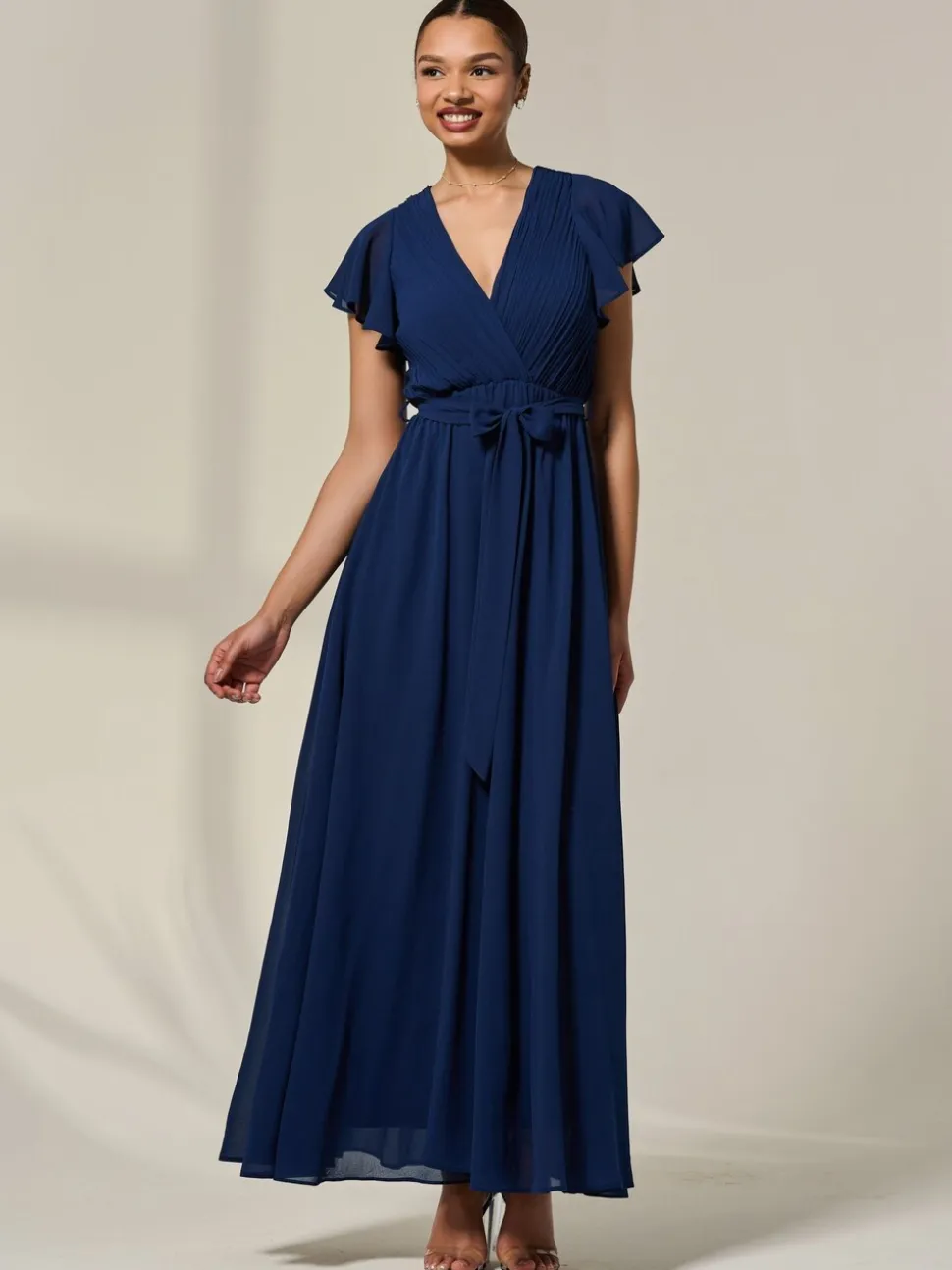 Jolie Moi Blue Chiffon Flutter Sleeve Maxi Dress