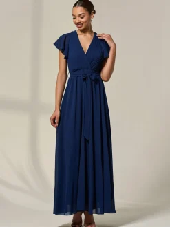Jolie Moi Blue Chiffon Flutter Sleeve Maxi Dress