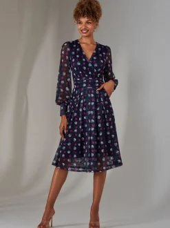 Jolie Moi Blue Dark Long Sleeve Lace Print Midi Dress