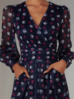 Jolie Moi Blue Dark Long Sleeve Lace Print Midi Dress