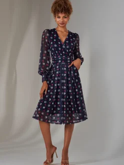 Jolie Moi Blue Dark Long Sleeve Lace Print Midi Dress