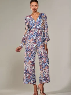 Jolie Moi Blue Jersey Wrap Front Long Sleeve Jumpsuit