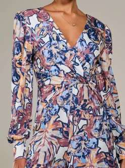 Jolie Moi Blue Jersey Wrap Front Long Sleeve Jumpsuit