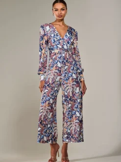 Jolie Moi Blue Jersey Wrap Front Long Sleeve Jumpsuit