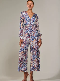Jolie Moi Blue Jersey Wrap Front Long Sleeve Jumpsuit