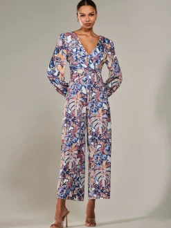Jolie Moi Blue Jersey Wrap Front Long Sleeve Jumpsuit