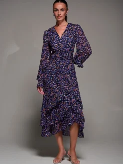 Jolie Moi Blue Long Sleeve Frill Detail Mesh Maxi Dress