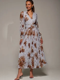Jolie Moi Blue Long Sleeve Printed Lace Midaxi Dress