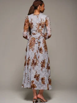 Jolie Moi Blue Long Sleeve Printed Lace Midaxi Dress