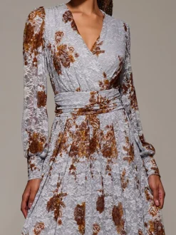 Jolie Moi Blue Long Sleeve Printed Lace Midaxi Dress