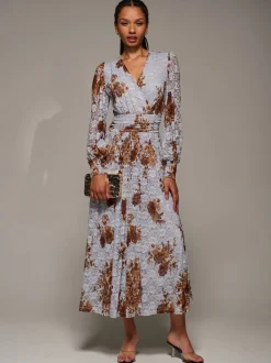 Jolie Moi Blue Long Sleeve Printed Lace Midaxi Dress