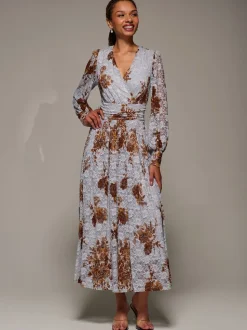 Jolie Moi Blue Long Sleeve Printed Lace Midaxi Dress