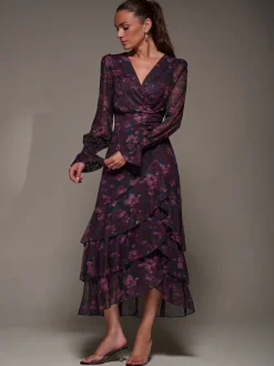 Jolie Moi Blue Long Sleeve Ruffle Hem Mesh Maxi Dress