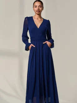 Jolie Moi Blue Long Sleeve Mesh Maxi Dress