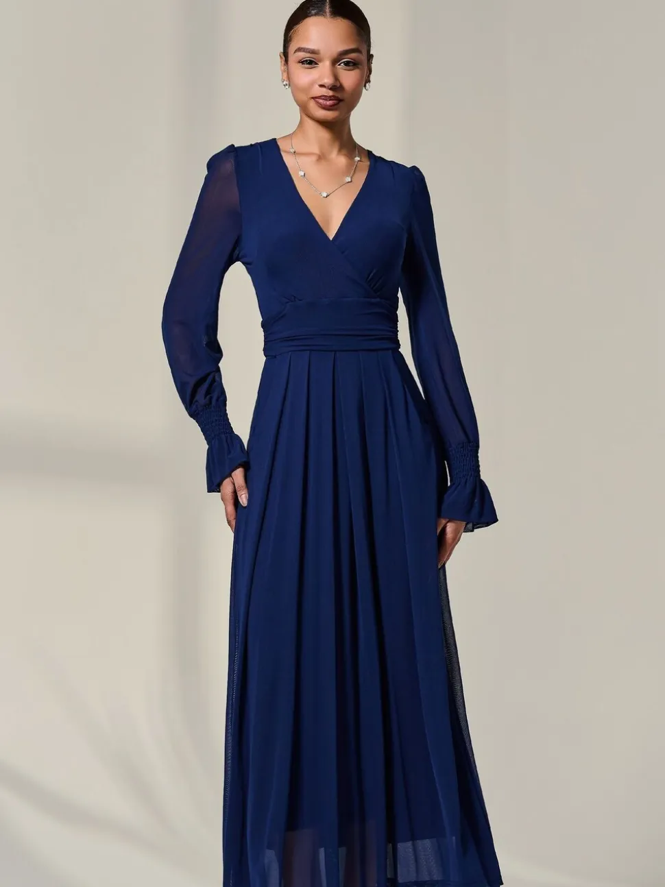 Jolie Moi Blue Long Sleeve Mesh Maxi Dress