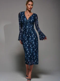 Jolie Moi Blue Long Sleeve Mesh Bodycon Dress