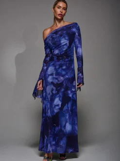 Jolie Moi Blue Long Sleeve Slash Neck Maxi Dress