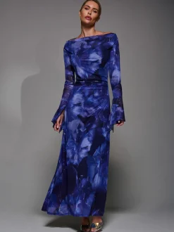 Jolie Moi Blue Long Sleeve Slash Neck Maxi Dress