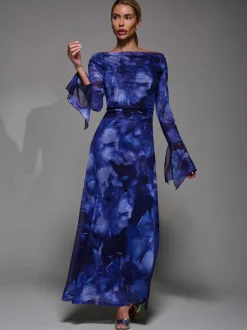 Jolie Moi Blue Long Sleeve Slash Neck Maxi Dress
