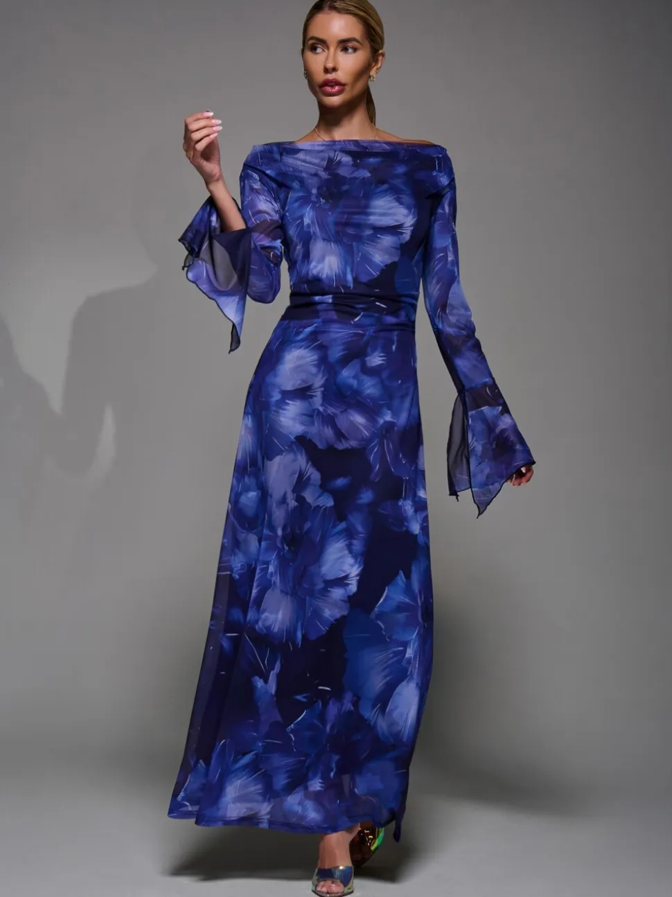 Jolie Moi Blue Long Sleeve Slash Neck Maxi Dress
