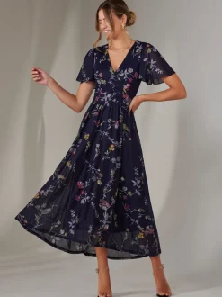 Jolie Moi Blue Mesh Short Sleeve Midaxi Dress