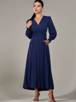 Jolie Moi Blue Petite Petite Long Sleeve Soft Silky Jersey Maxi Dress