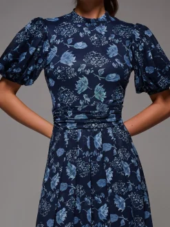 Jolie Moi Blue Puffy Sleeve Printed Mesh Maxi Dress