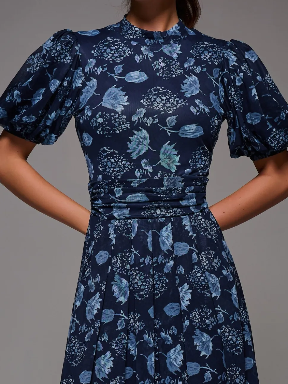Jolie Moi Blue Puffy Sleeve Printed Mesh Maxi Dress