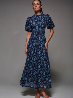 Jolie Moi Blue Puffy Sleeve Printed Mesh Maxi Dress