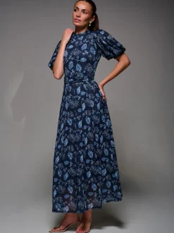 Jolie Moi Blue Puffy Sleeve Printed Mesh Maxi Dress