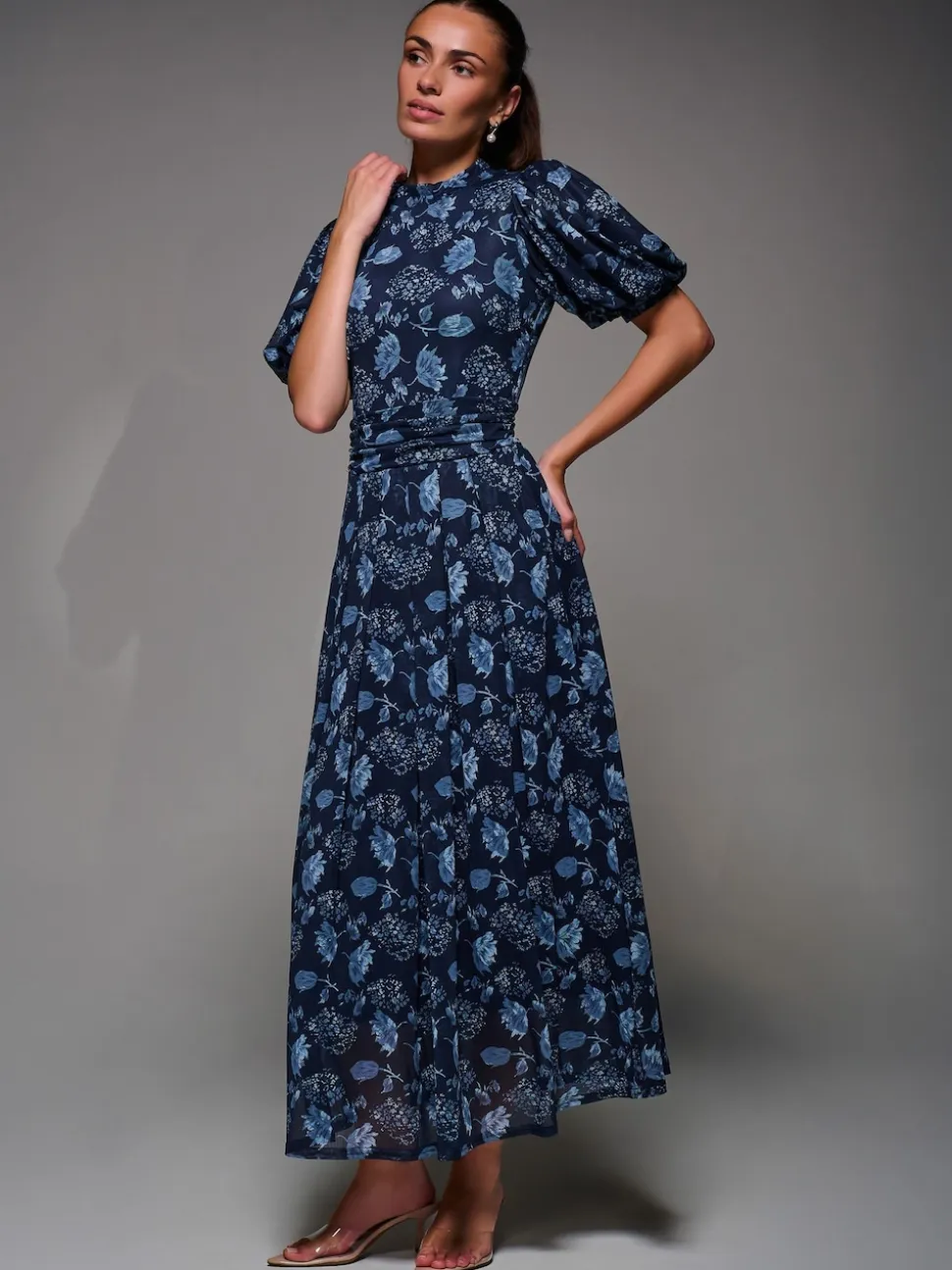 Jolie Moi Blue Puffy Sleeve Printed Mesh Maxi Dress