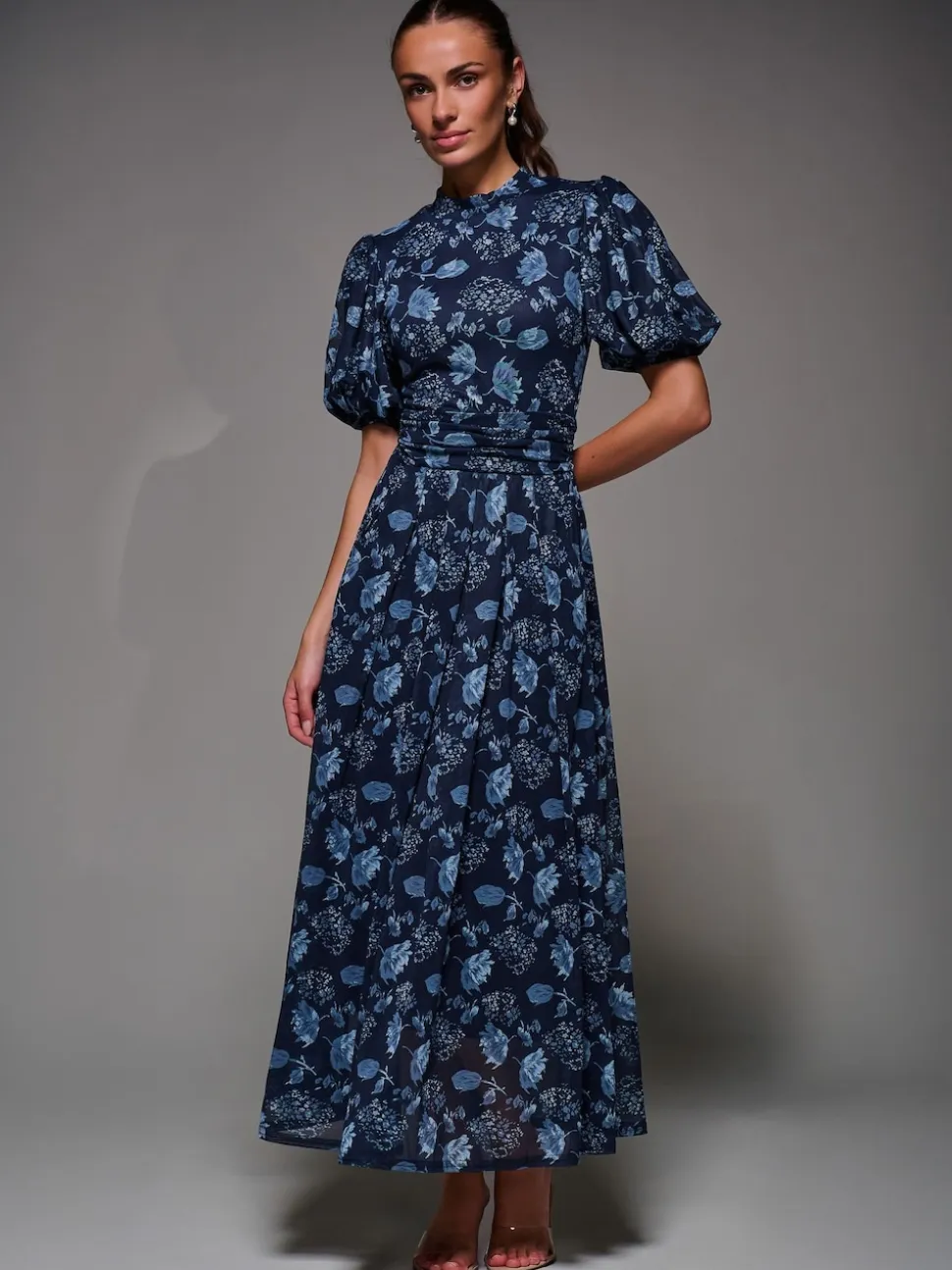 Jolie Moi Blue Puffy Sleeve Printed Mesh Maxi Dress