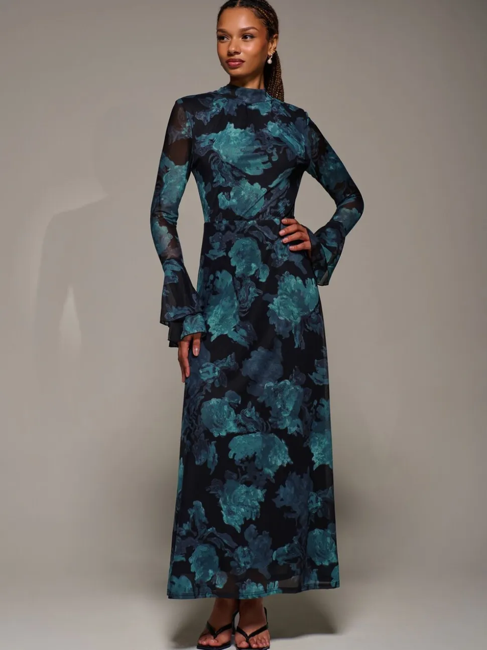 Jolie Moi Blue Ruffle Long Sleeve Mesh Maxi Dress