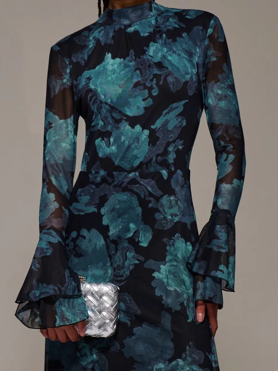 Jolie Moi Blue Ruffle Long Sleeve Mesh Maxi Dress